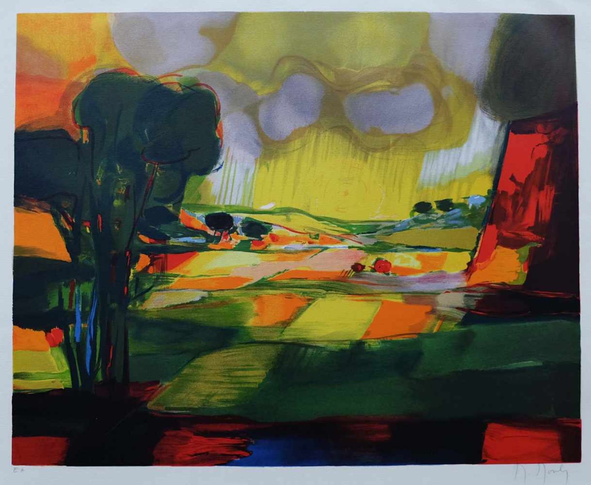 MOULY, Marcel (*1918 +2008), Farblithographie, Gewitter über südlicher Felderlandschaft, unten links