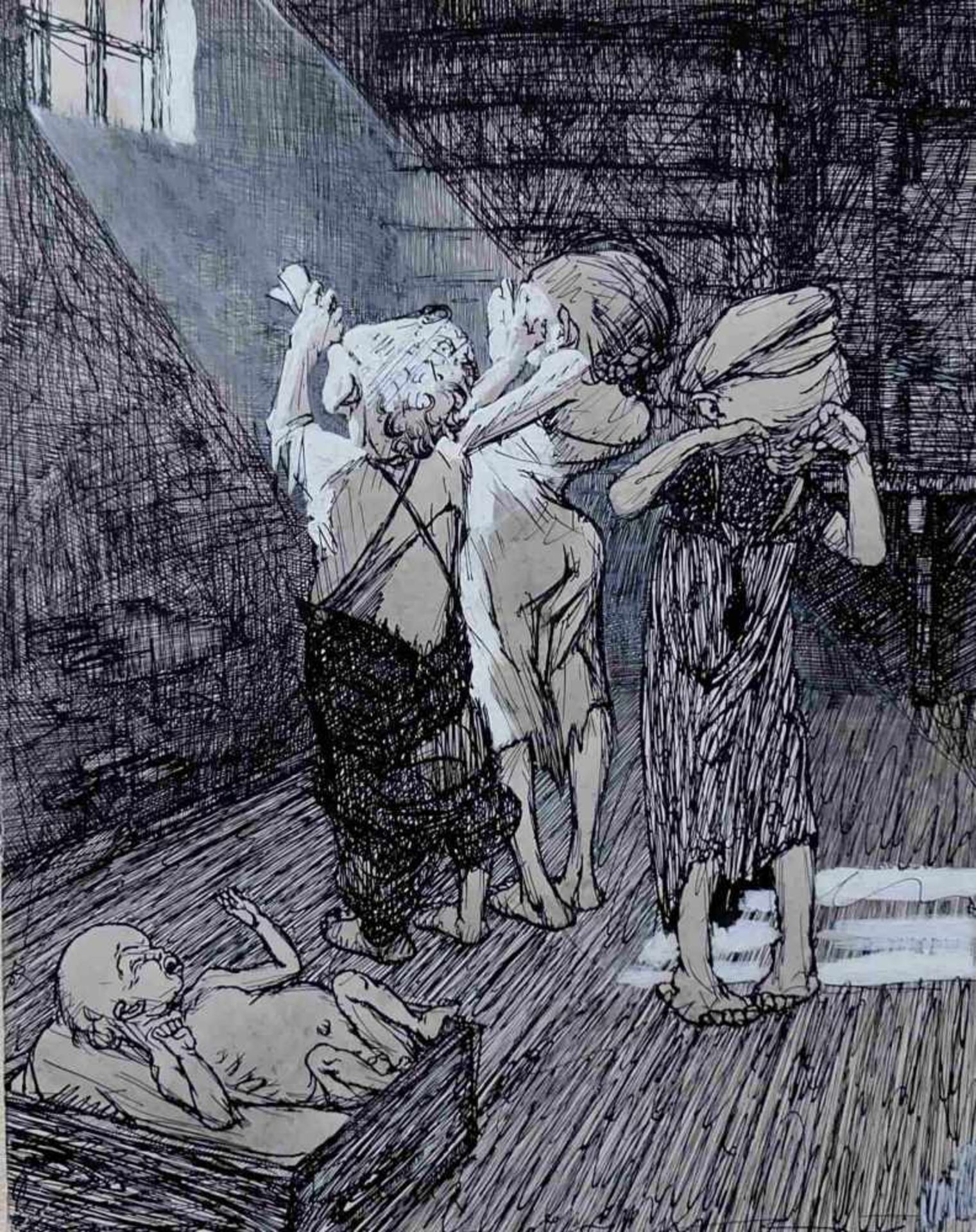 TRATNIK, Franz (*1881 †1957), Federzeichnung laviert, Armut, verso signiert, Blattmaß 30,5 x 24