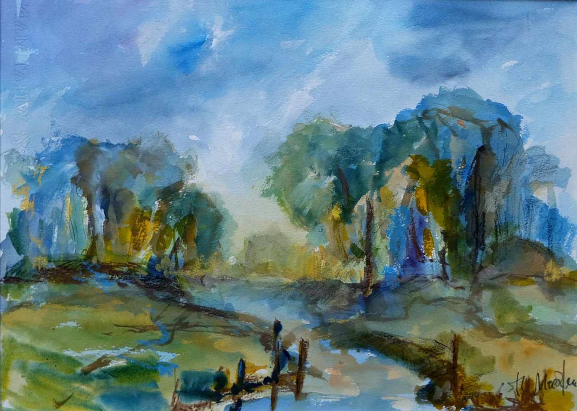 MARTEN, Michael, Aquarell, Flußlandschaft, rechts unten signiert, 37,5 x 48 cm, Passepartoutmontage