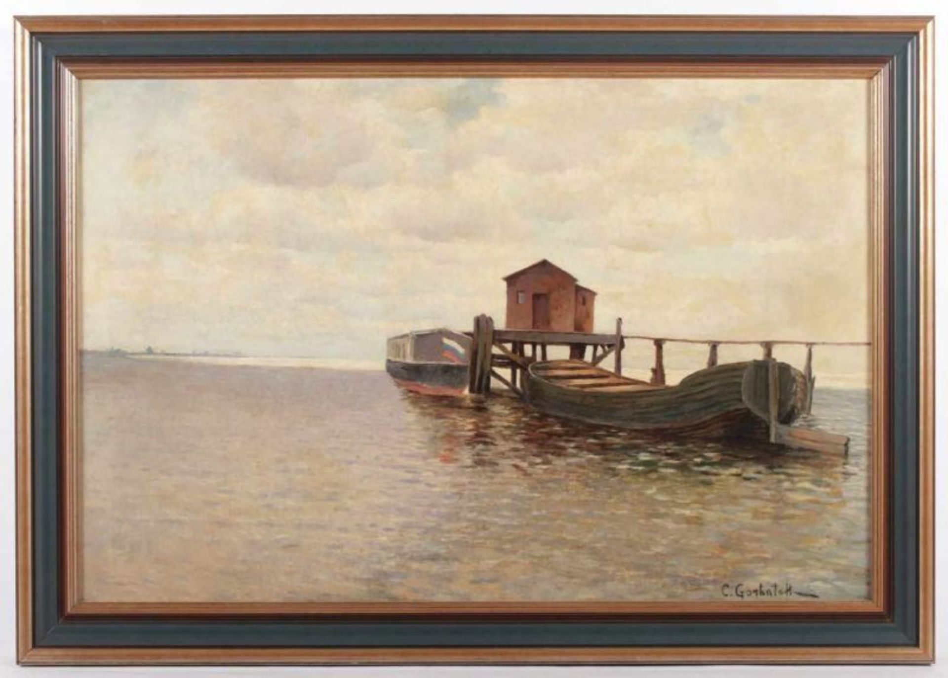 GORBATOV, Konstantin Ivanovich, zugeschrieben, "Zwei Kähne an einem Steg", Öl/Lwd., 61,5 x 92, - Image 3 of 10