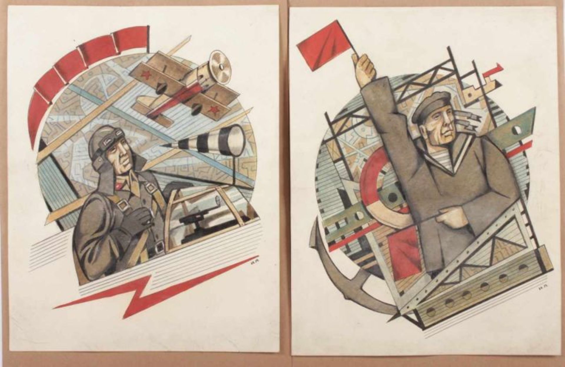 RUSSISCH, um 1920, zwei Propagandabilder, Aquarelle, 35 x 27, unten rechts monogrammiert 22.00 %
