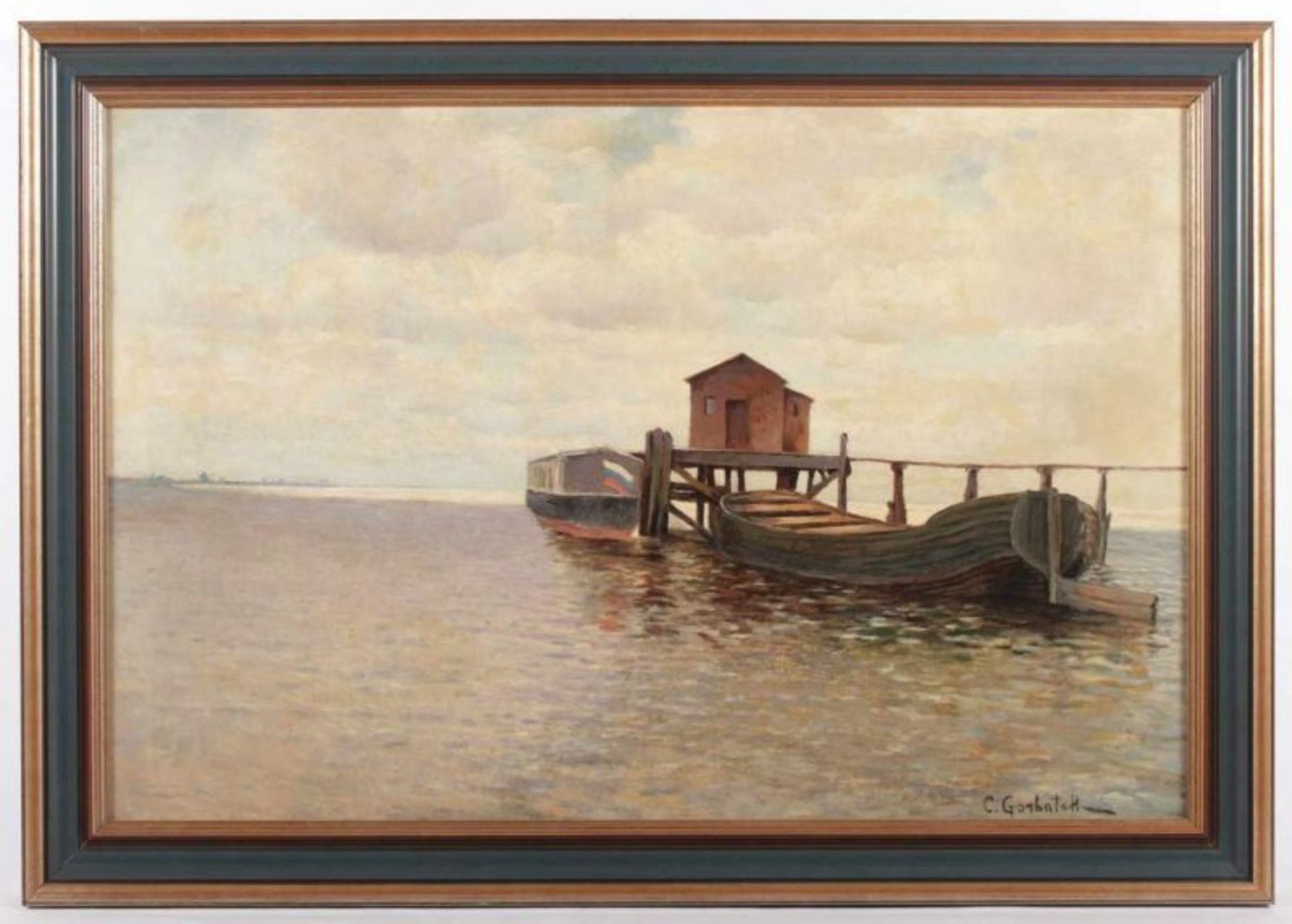 GORBATOV, Konstantin Ivanovich, zugeschrieben, "Zwei Kähne an einem Steg", Öl/Lwd., 61,5 x 92, - Image 4 of 10