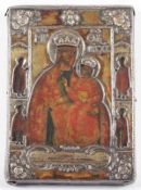 IKONE, "Gottesmutter", Tempera/Holz, 14 x 10, mit vergoldetem Silber-Oklad (ohne Stempel), reich
