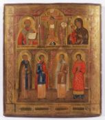 IKONE, Hl.Nikolaus, der Gekreuzigte, Gottesmutter und vier Heilige, Tempera/Holz mit Goldgrund, 37 x