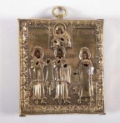 IKONEN-ANHÄNGER, "Drei Heilige", Tempera/Holz, mit vergoldetem Silberoklad, 6,5 x 5,5, goldgehöht,