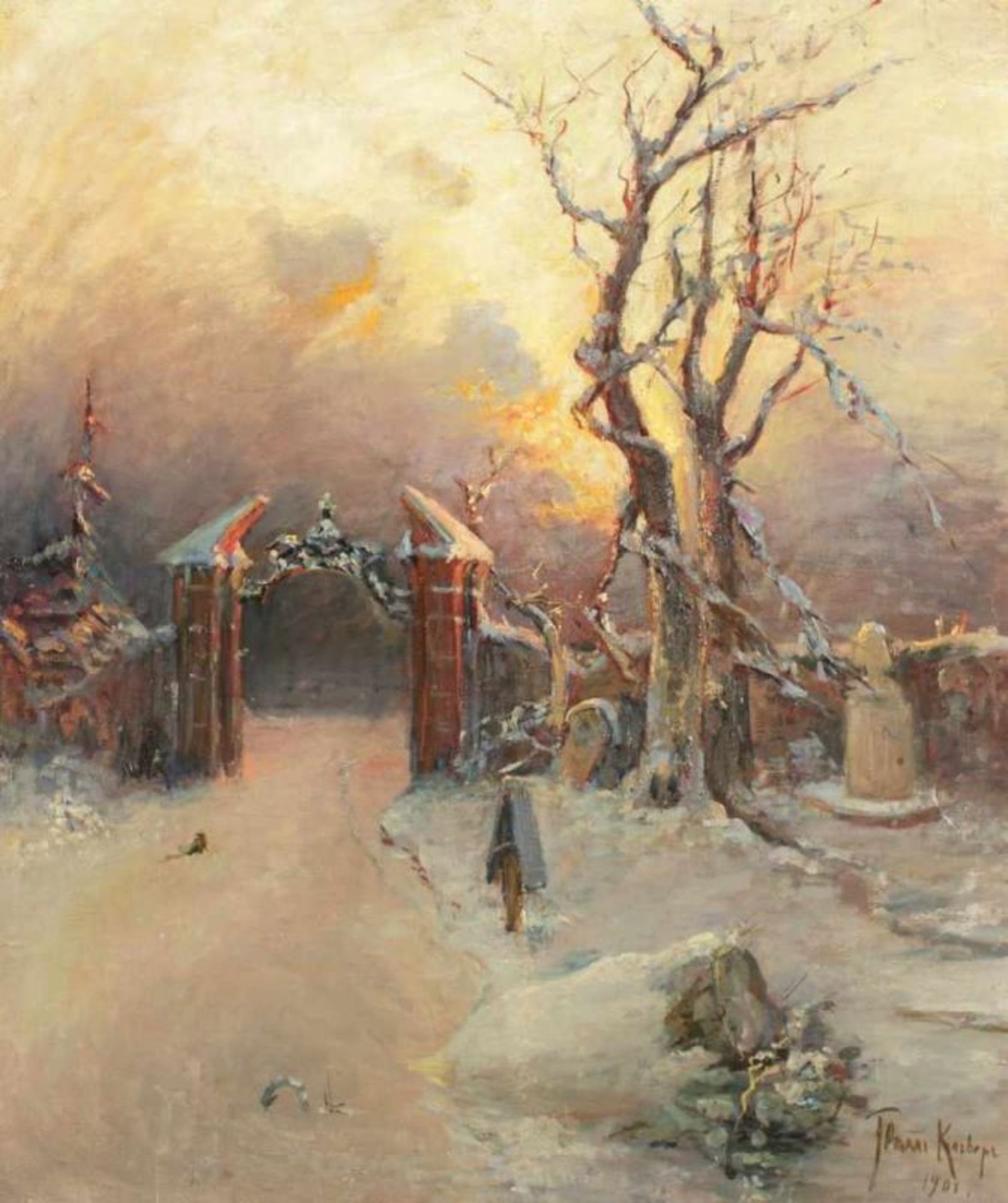 KLEVER, Julius Sergius von (1850-1924), "Altes Friedhofsportal im Abendrot", Öl/Lwd., 87,5 x 73,