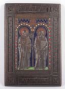 IKONENTAFEL, Die Schriftgelehrten Kyrill und Method, Holz, Bronze mit Cloisonné, 18 x 12,5,