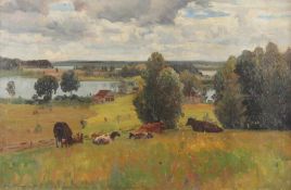 PROKOFIEV, Alexei Matveievich (1859-1925), "Seenlandschaft mit ruhenden Kühen", Öl/Lwd., 64 x 100,