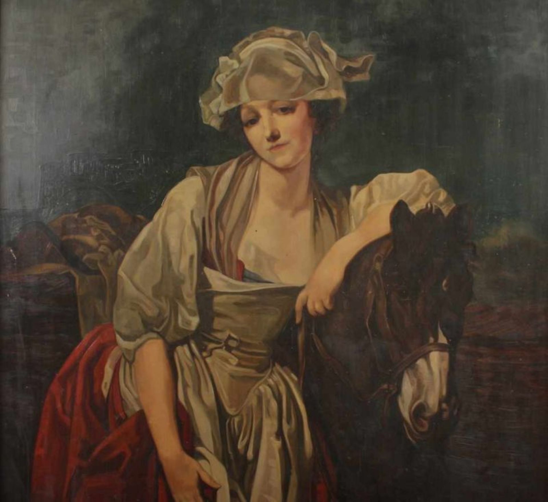 SPIEGELPANEEL, Eiche, mit einem Originalgemälde, Öl/Lwd., "Dame mit Pferd", Gesamtmaß 200 x 100, - Image 2 of 3