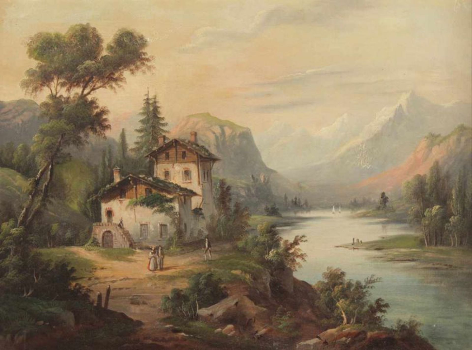 LEVY, A. (Maler E.19.Jh.), "Seenlandschaft im Vorgebirge", Öl/Lwd., 49 x 65, besch. und rest., R.