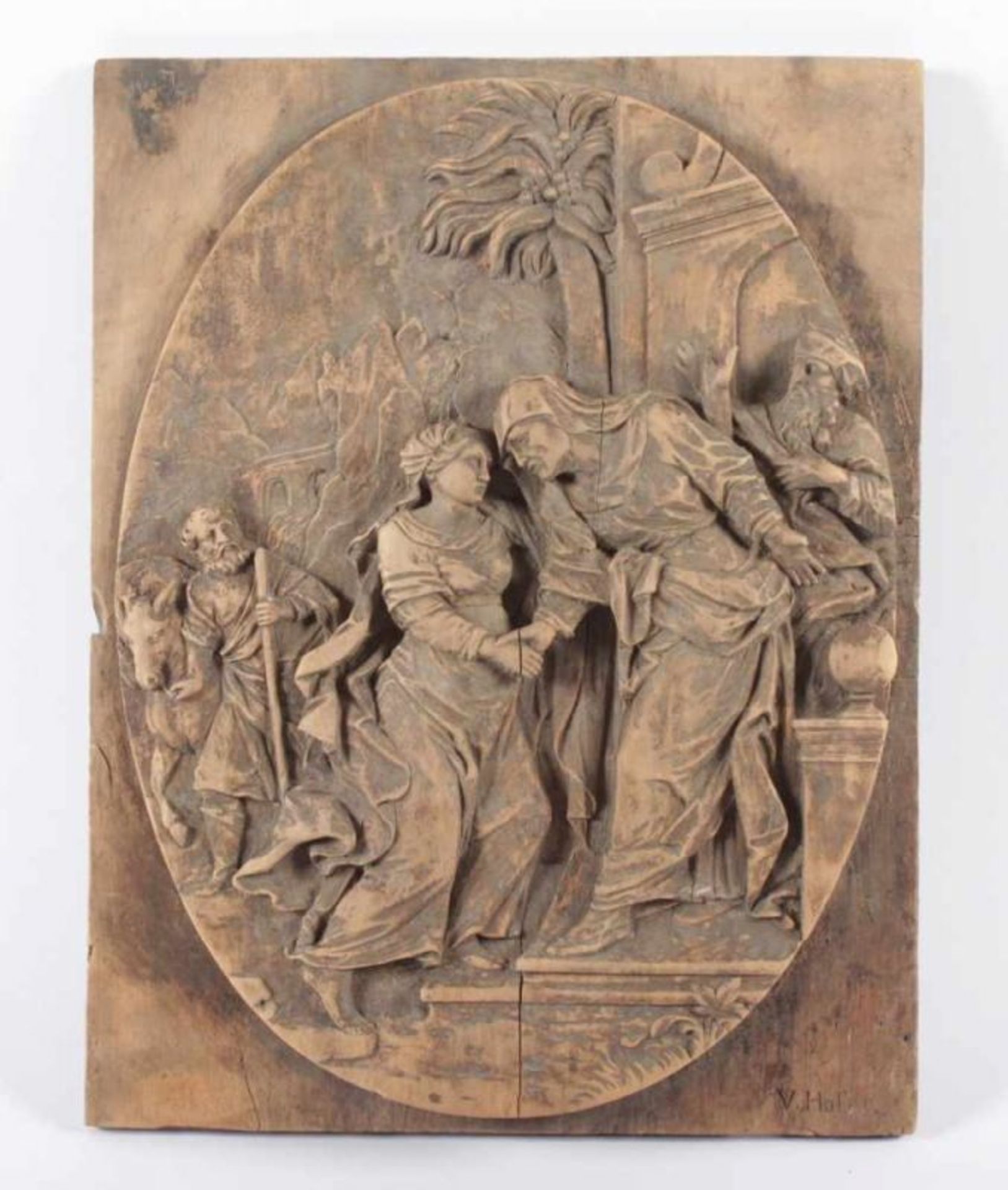 MARIA BESUCHT ELISABETH, Holzrelief, geschnitzt, 31 x 24, besch., signiert "V.HOFER", DEUTSCH, um