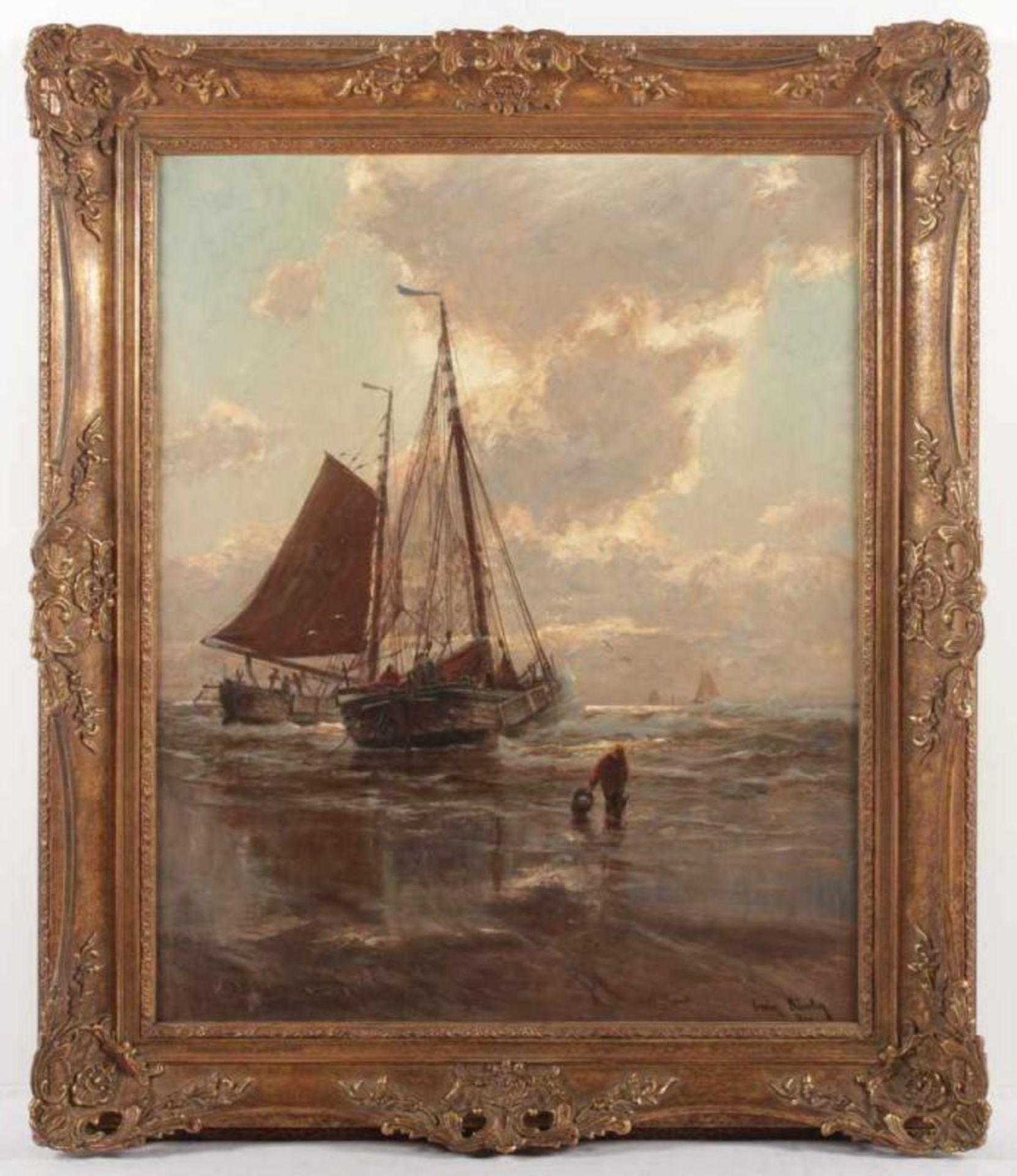 GÜNTHER, Erwin (1864-1927), "Fischerboote am Strand", Öl/Lwd., 73 x 59, doubliert, unten rechts - Image 2 of 4