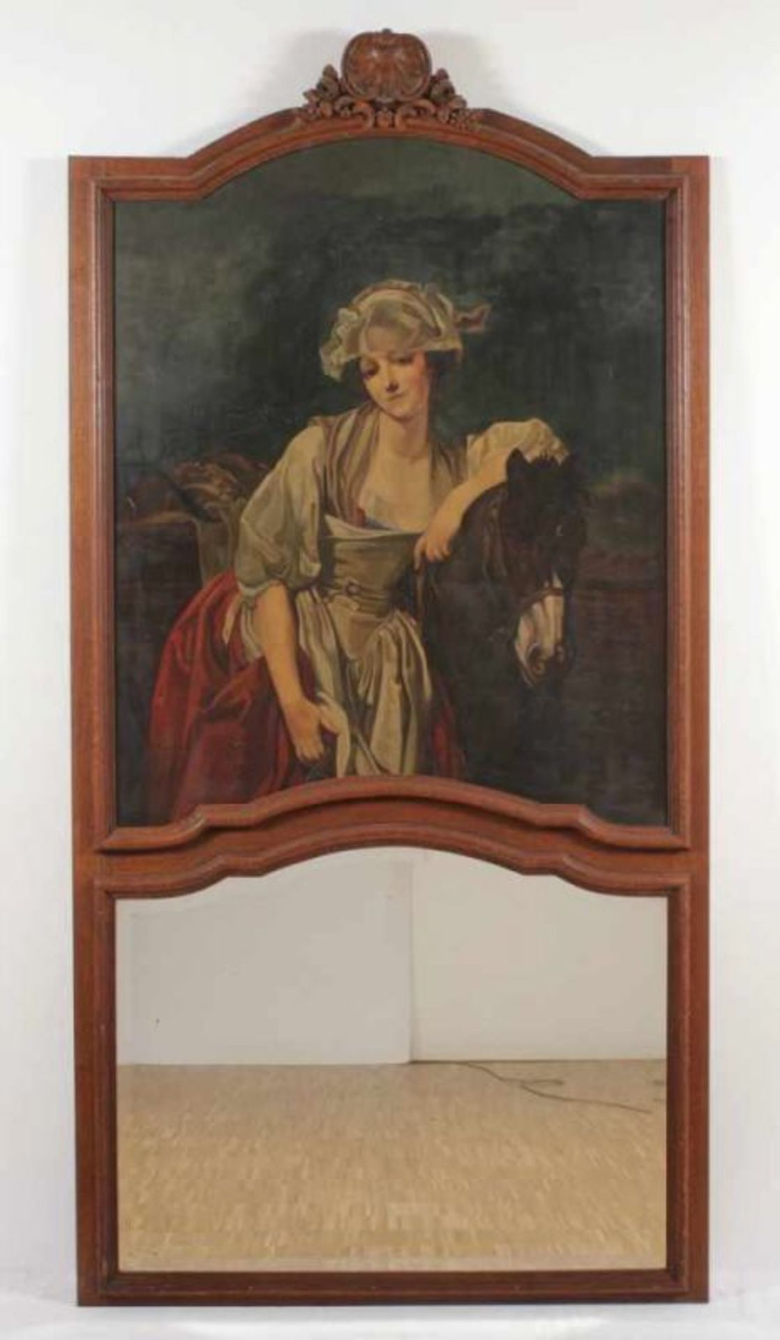 SPIEGELPANEEL, Eiche, mit einem Originalgemälde, Öl/Lwd., "Dame mit Pferd", Gesamtmaß 200 x 100,