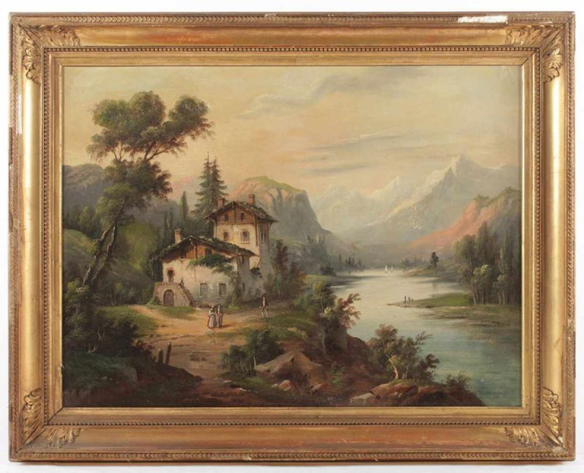 LEVY, A. (Maler E.19.Jh.), "Seenlandschaft im Vorgebirge", Öl/Lwd., 49 x 65, besch. und rest., R. - Image 2 of 4