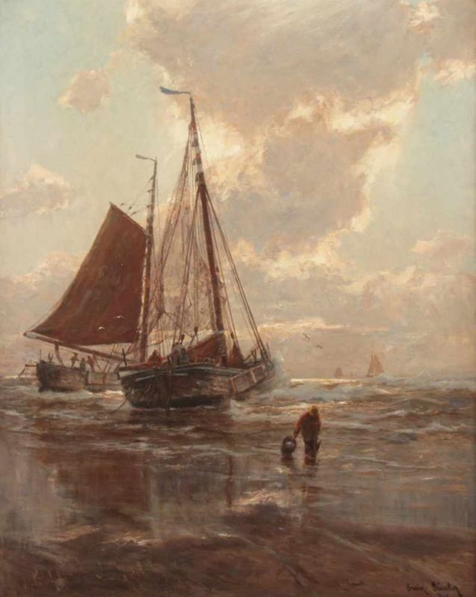 GÜNTHER, Erwin (1864-1927), "Fischerboote am Strand", Öl/Lwd., 73 x 59, doubliert, unten rechts