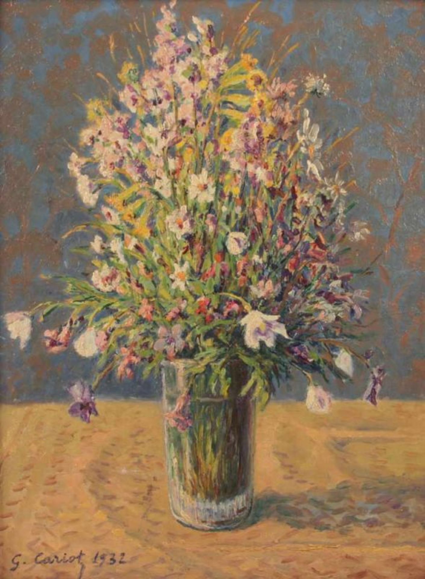 CARIOT, Gustave Gaston, "Stilleben mit Feldblumen in einer Glasvase", Öl/Malkarton, 34 x 27, unten