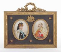 DOPPELMINIATUR, "King Edward VII und Queen Alexandra von England", polychrome Malerei, 9 x 7,