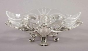 JUGENDSTIL-JARDINIERE, Metallmontur, versilbert, Monogrammgravur, Einsatz aus farblosem Glas,