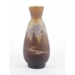 JUGENDSTIL-VASE PAYSAGE DE VERRE, farbloses Glas, ockerfarben hinterfangen, braun und hellblau