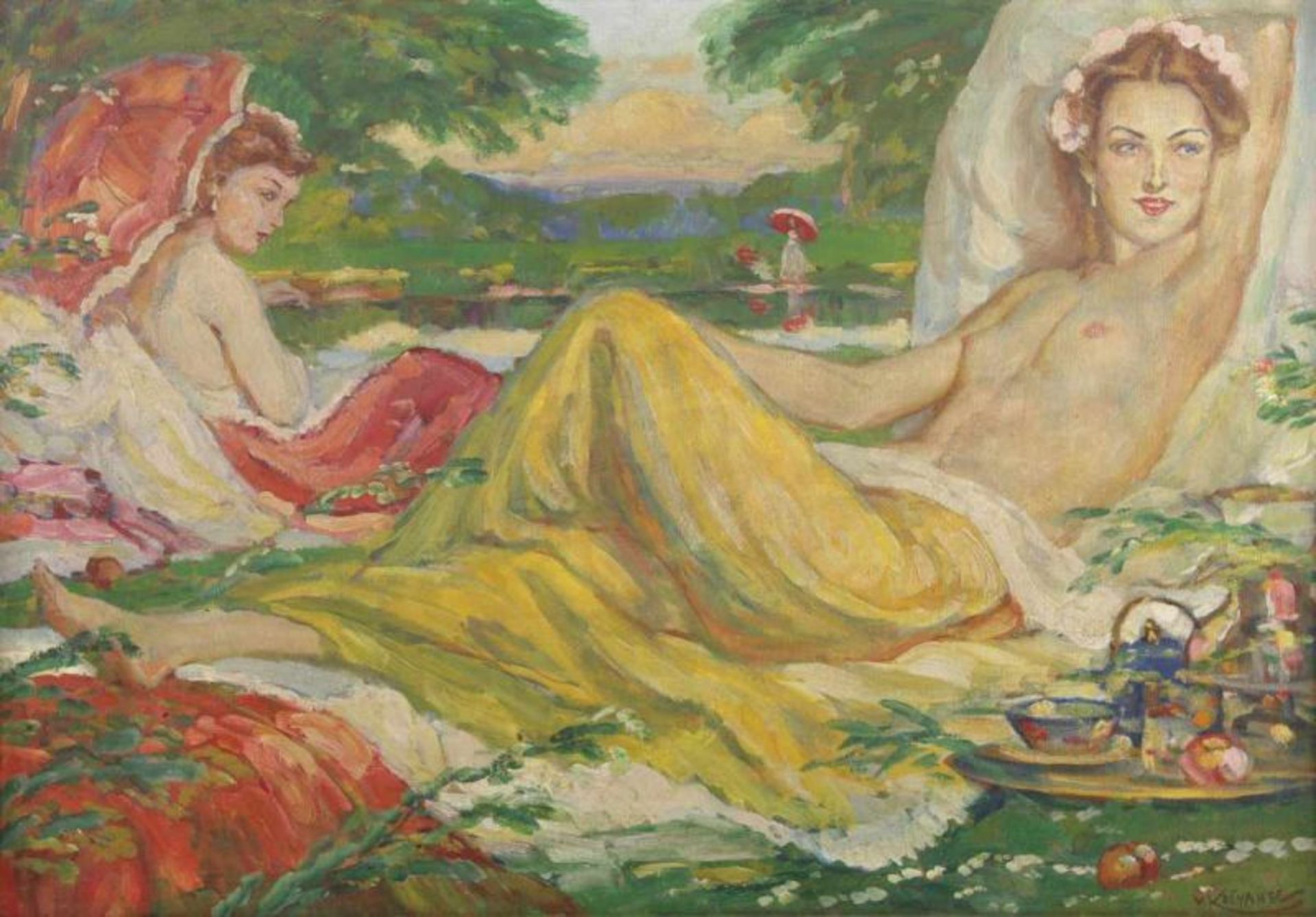 KOSVANEC, Vlastimil (1887-1961), "Zwei Frauen in einer Parklandschaft", Öl/Lwd., 70 x 100, unten