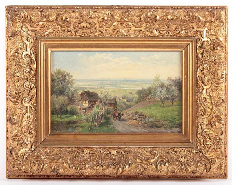 MÜHLIG, Bernhard (1829-1910), "Landschaft mit Pferdefuhrwerk", Öl/Lwd., 17 x 26,5, unten links