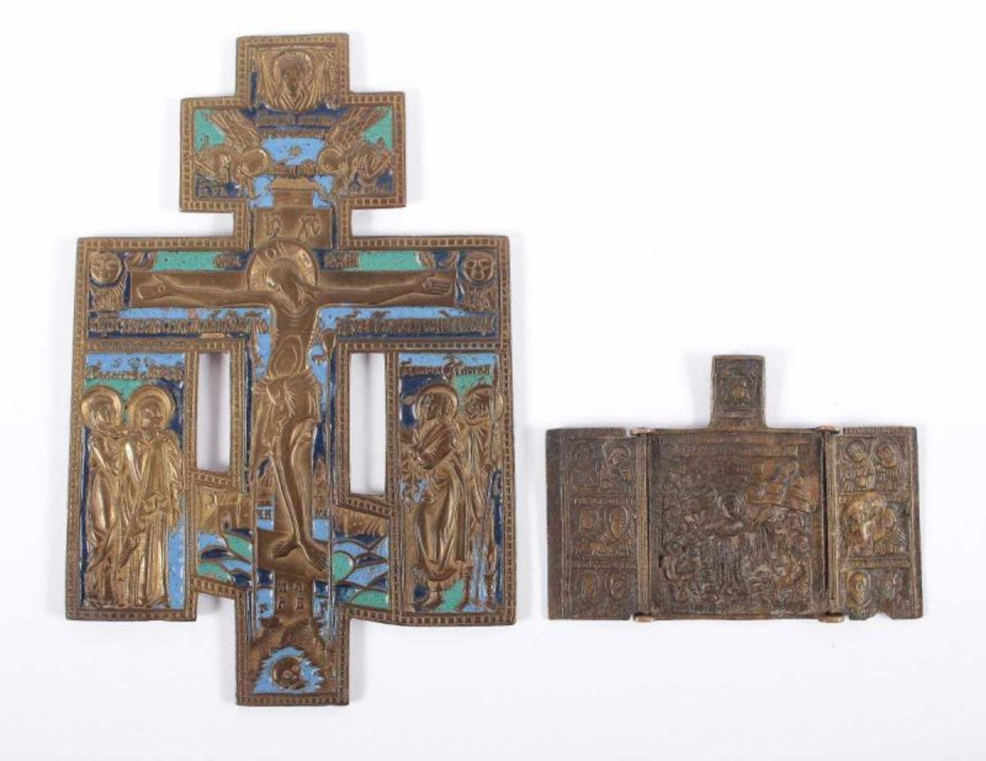 KLEINES ERWEITERTES IKONENKREUZ, Bronze mit Email, 17 x 10,5, beigegeben: kleine Triptychon-
