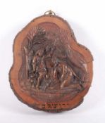 SCHNITZBILD, "Christus am Ölberg", Olivenbaum, geschnitzt, hebräischer Schriftzug, Dm 17,5, min.