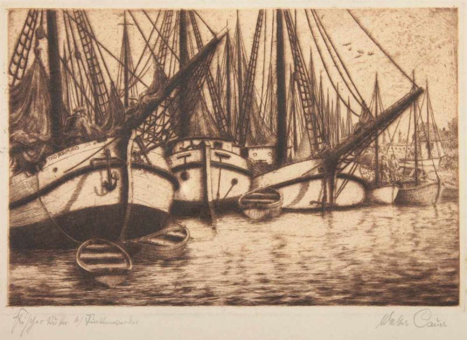 CAUER, Walter (1905-1995), "Fischkutter im Hafen", Originalradierung, 19 x 29, handsigniert, R. 22. - Bild 2 aus 2