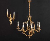 DECKENLÜSTER, Bronze, vergoldet, fünfflammig, H 90, DEUTSCH, um 1900 beigegeben eine Wandlampe,