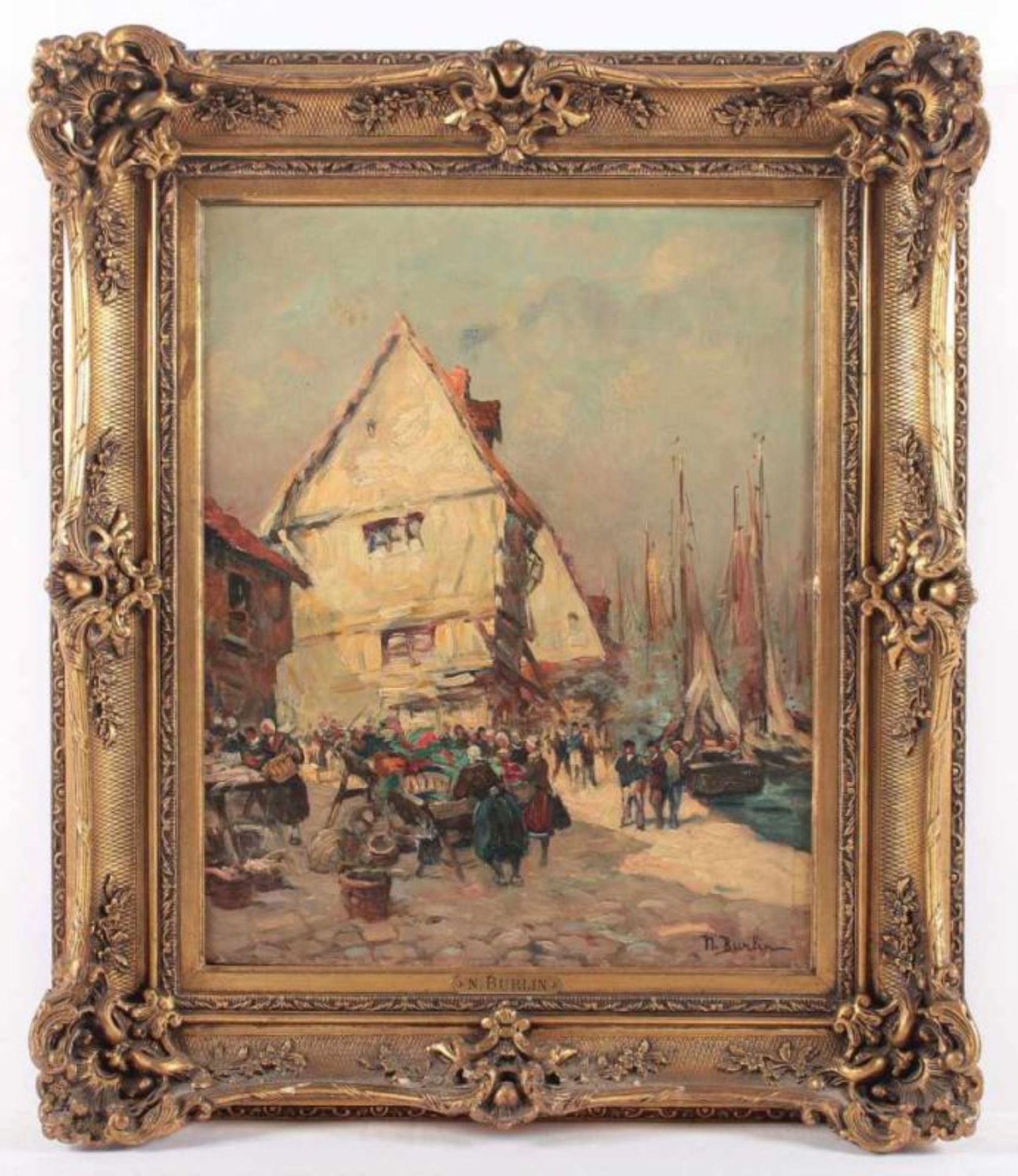 BURLIN, Natalie (1875-1921), "Markttreiben am Hafen", Öl/Lwd., 42 x 33, unten rechts signiert, R.