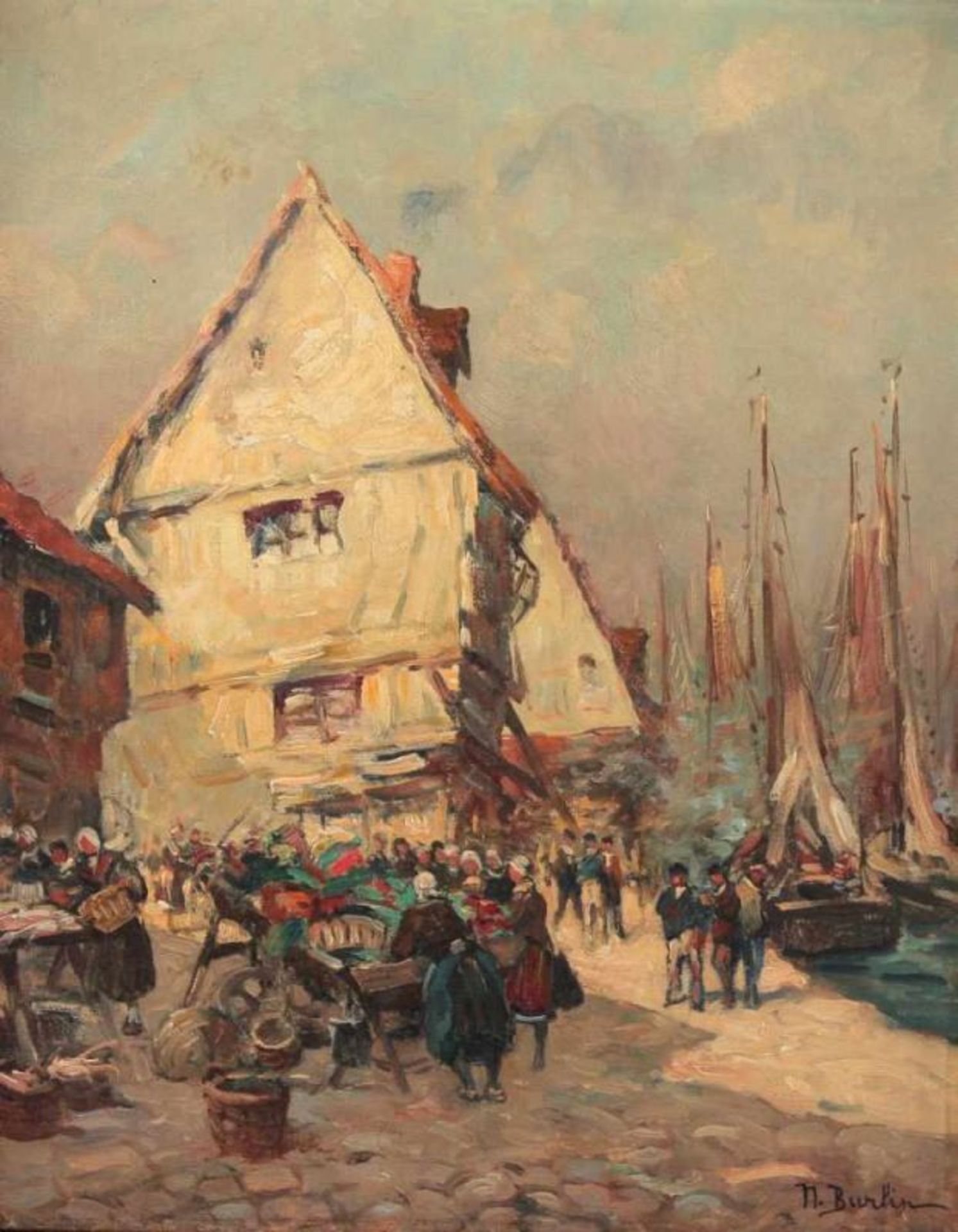 BURLIN, Natalie (1875-1921), "Markttreiben am Hafen", Öl/Lwd., 42 x 33, unten rechts signiert, R. - Bild 2 aus 3