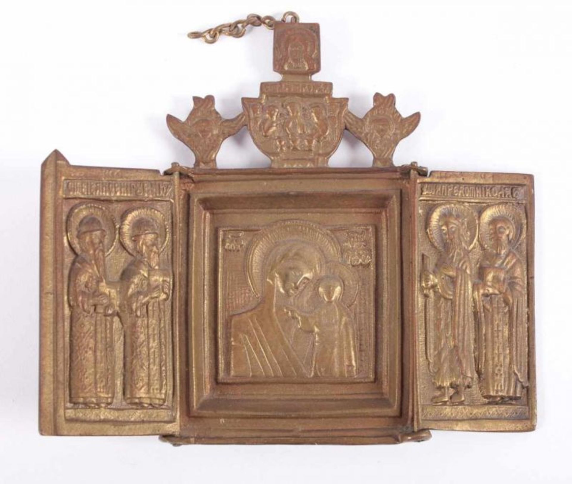 TRIPTYCHON-REISEIKONE, "Gottesmutter von Kazan", jeweils zwei Randheilige, Messing/Bronze, 12,5 x 11