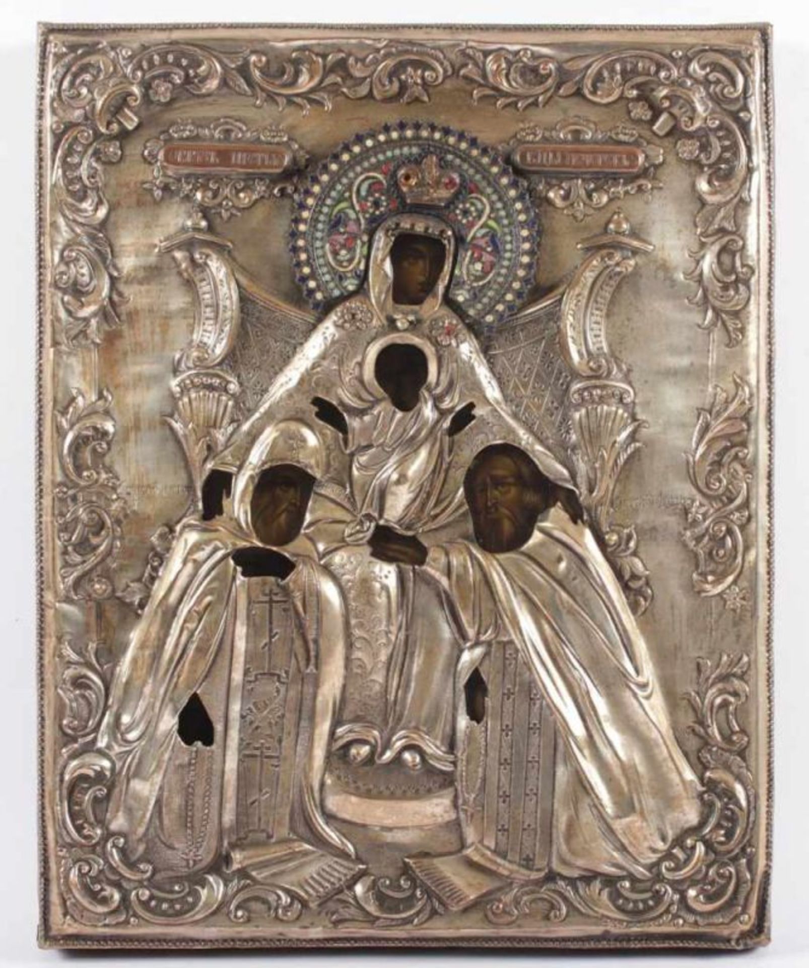 IKONE, "Gottesmutter", Tempera, 35 x 28, mit versilbertem Oklad, besetzt mit Schmucksteinen und