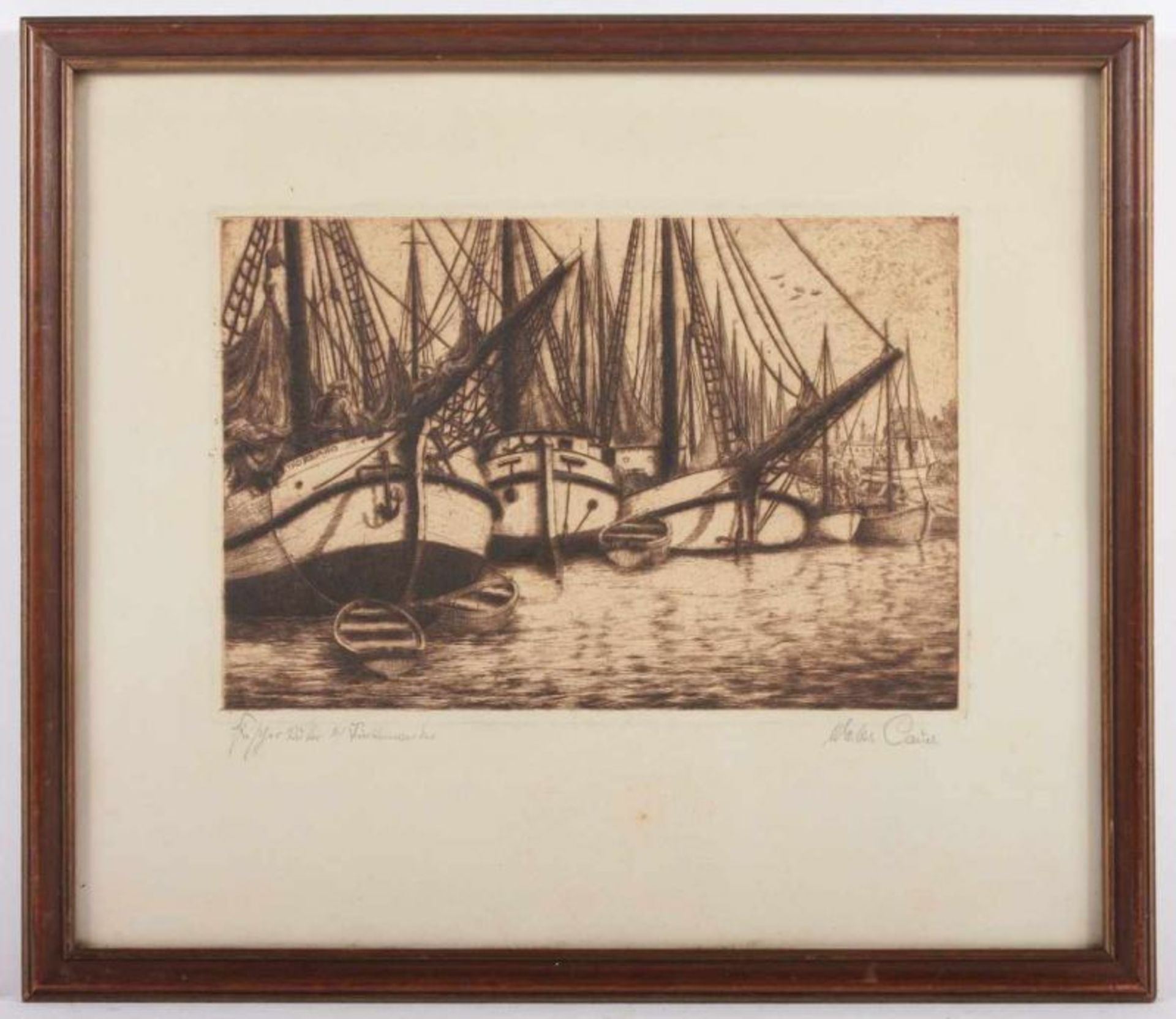 CAUER, Walter (1905-1995), "Fischkutter im Hafen", Originalradierung, 19 x 29, handsigniert, R. 22.