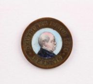 PATRIOTISCHER ANHÄNGER "EIN PFENNIG", Deutsches Reich, mit Emailportrait Fürst Bismarck, Öse