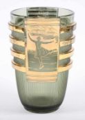 ART DECO-VASE, farbloses Glas, grün getönt, Goldstaffage, H 18, ber., gedruckte Darstellung einer