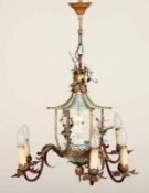 DECKENLAMPE, Messing, polychrom lackiert, Porzellanfigur, besch., sechsflammig, H 70 22.00 % buyer's