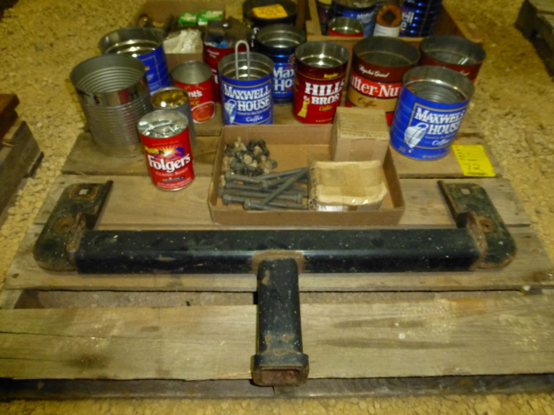Pallet with hitch, misc. nuts and bolts