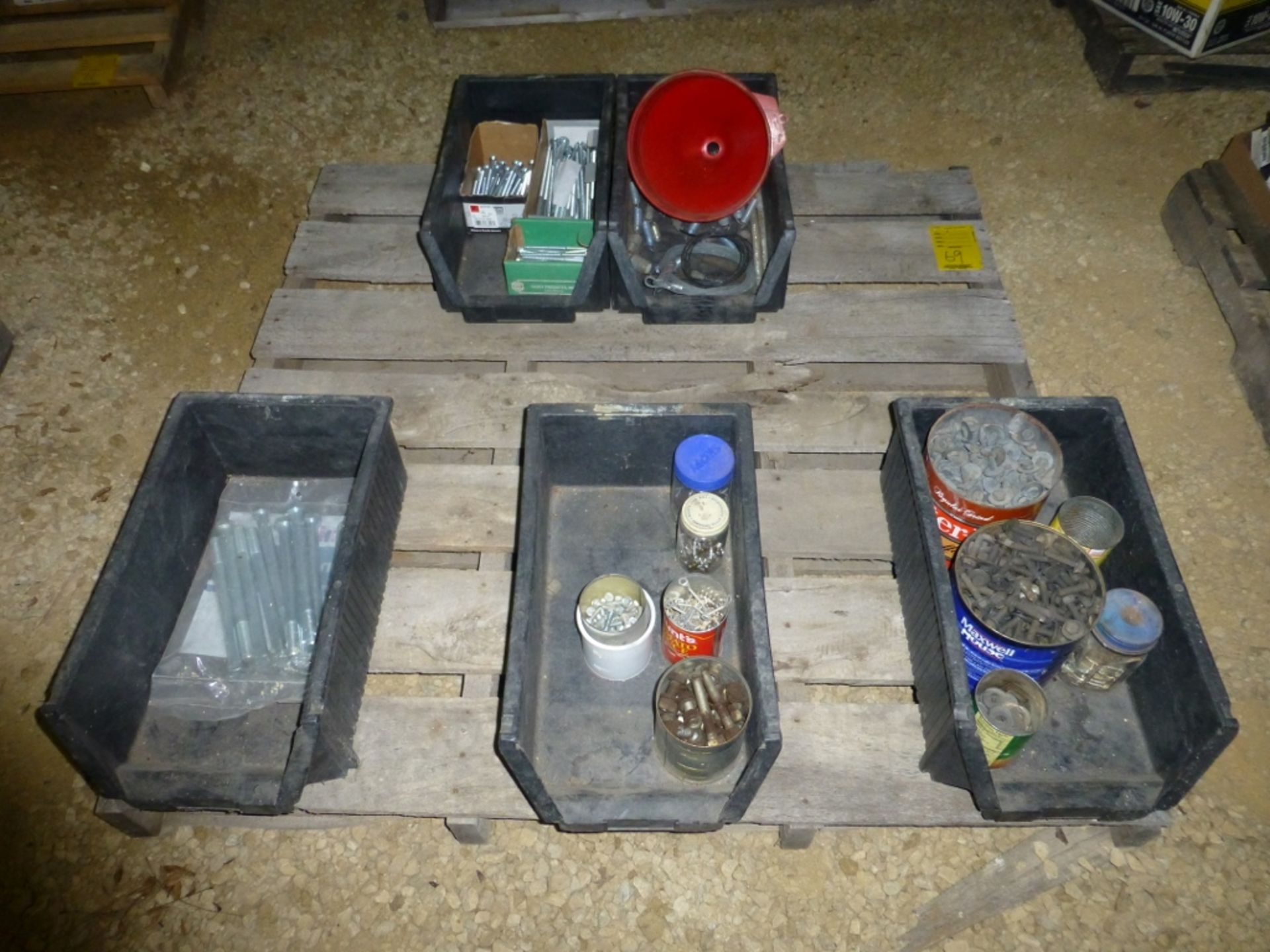 Pallet w/ 5 tubs, with bolts, funnel, misc. hardware