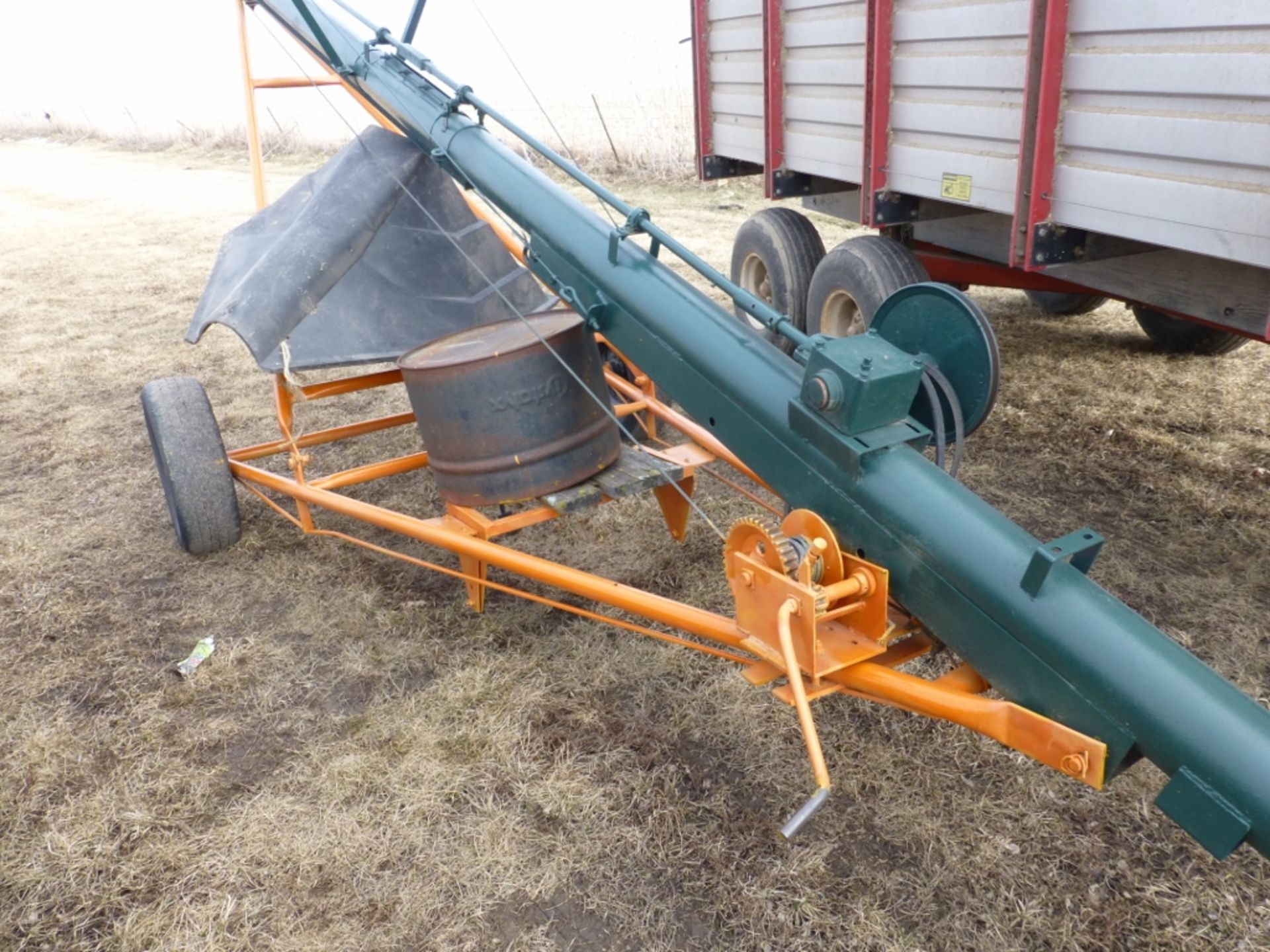 Approx. 34' grain auger, 6". Rubber flighting, electric motor, w/ heavy cord and hopper