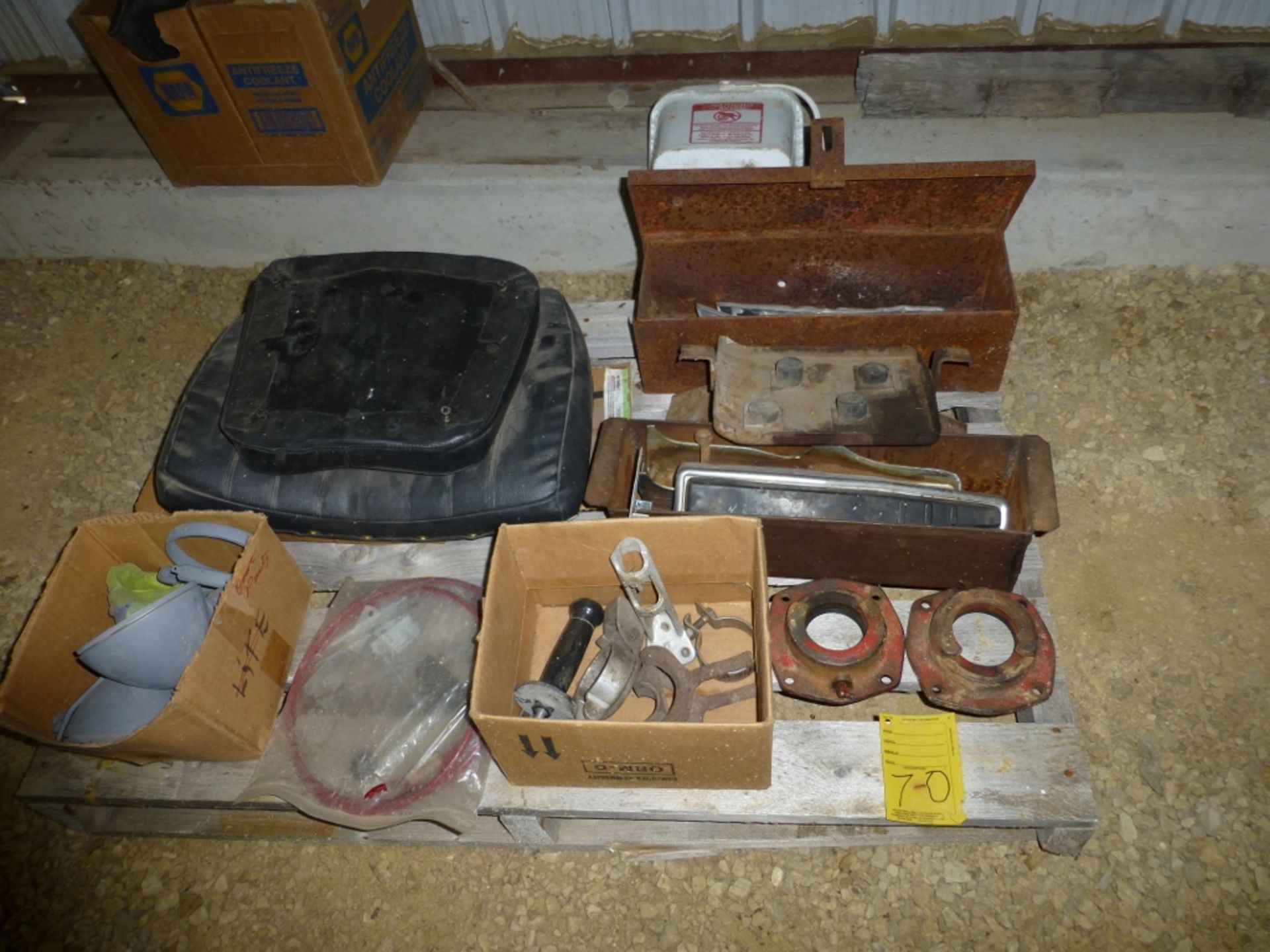 Pallet w/ (2) Farmall emblems, toolbox, misc. parts