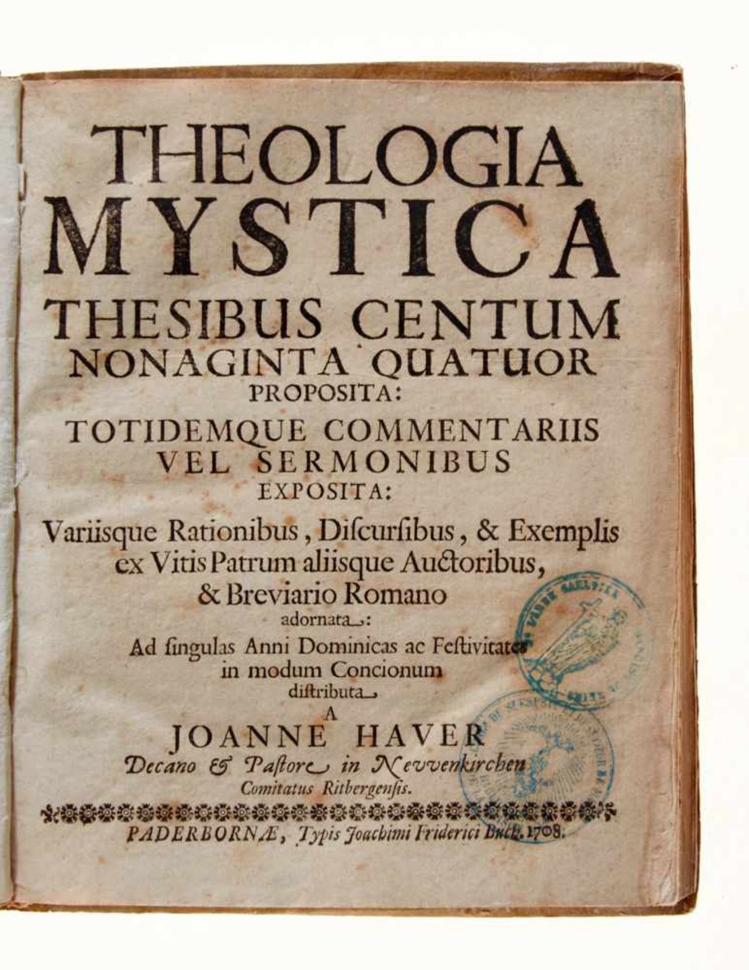 Haver, J., Theologia mystica.Paderborn, Buch, 1708. 4°. Mit Textkupfer. 424 S., 1 Bl. Leicht läd. - Bild 2 aus 2