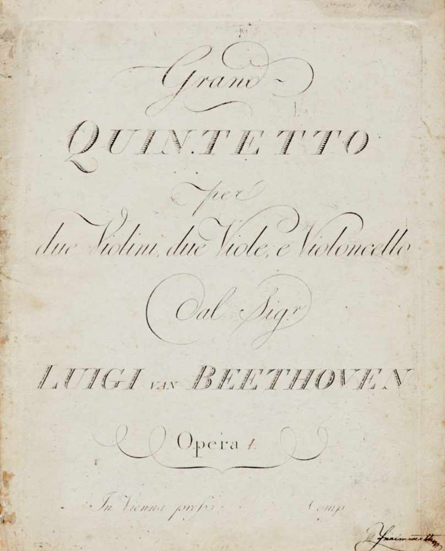 Beethoven, L. van, Grand quintetto per due violini, due viole, evioloncello. Op. [1, hs. Eintrag; - Bild 2 aus 3