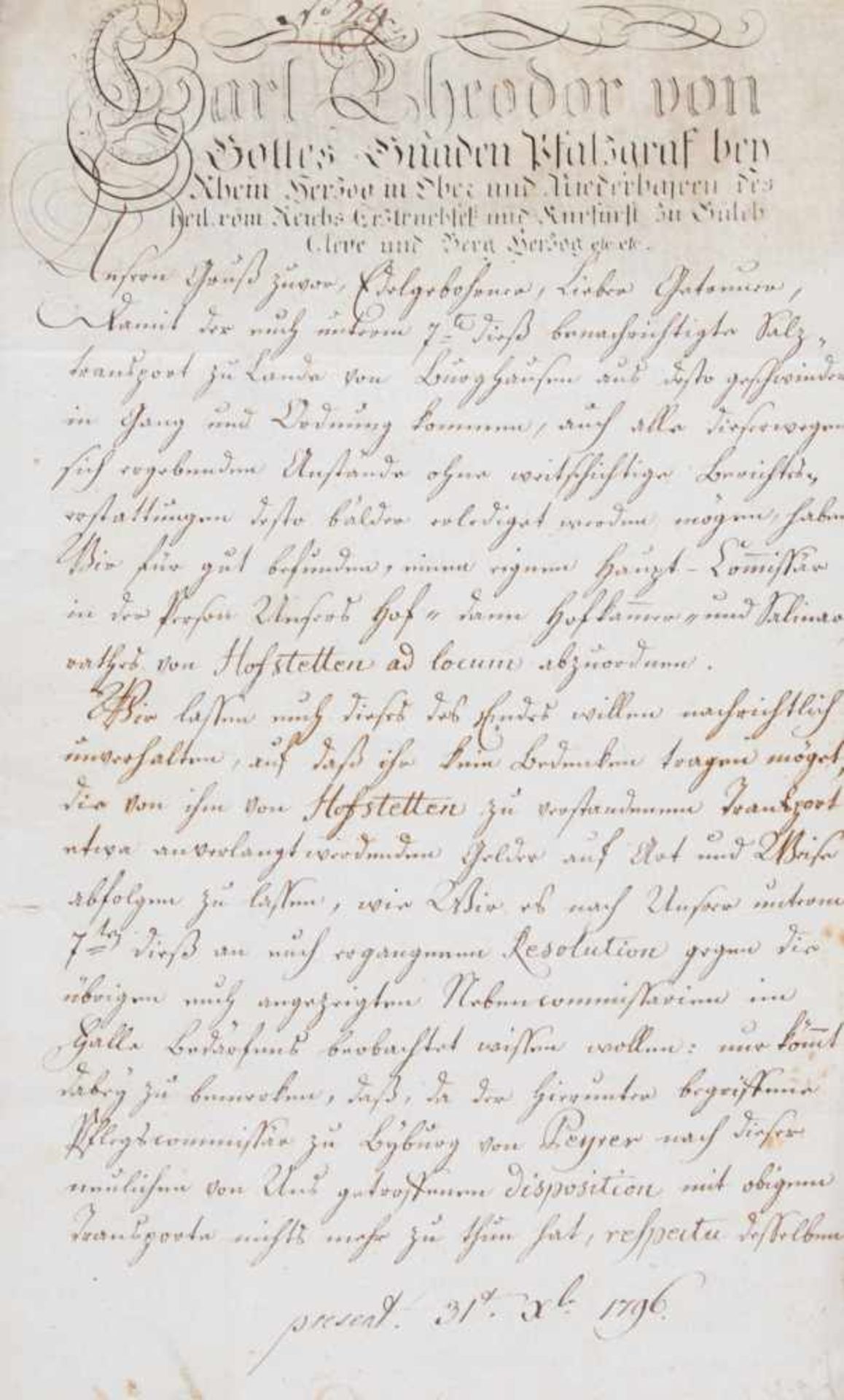 Bayern- Karl Theodor, Kurfürst von Bayern (1724-1799).Brief an den kurbayerischen Hofkammerrat Georg