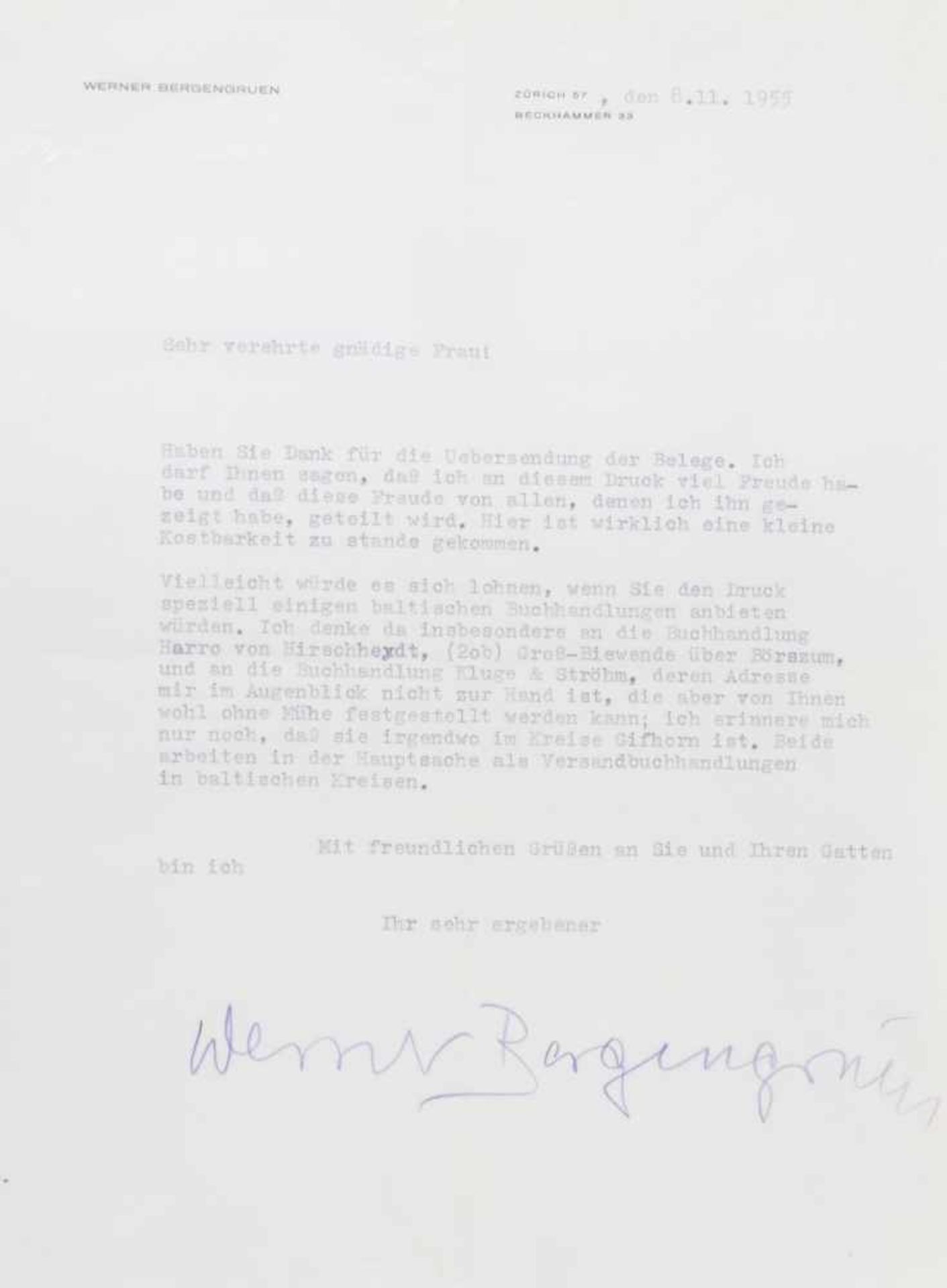 Bergengruen, W., Schriftsteller (1892-1964).Zwei masch. Briefe mit e. U. Dat. 1955-63. - Mit