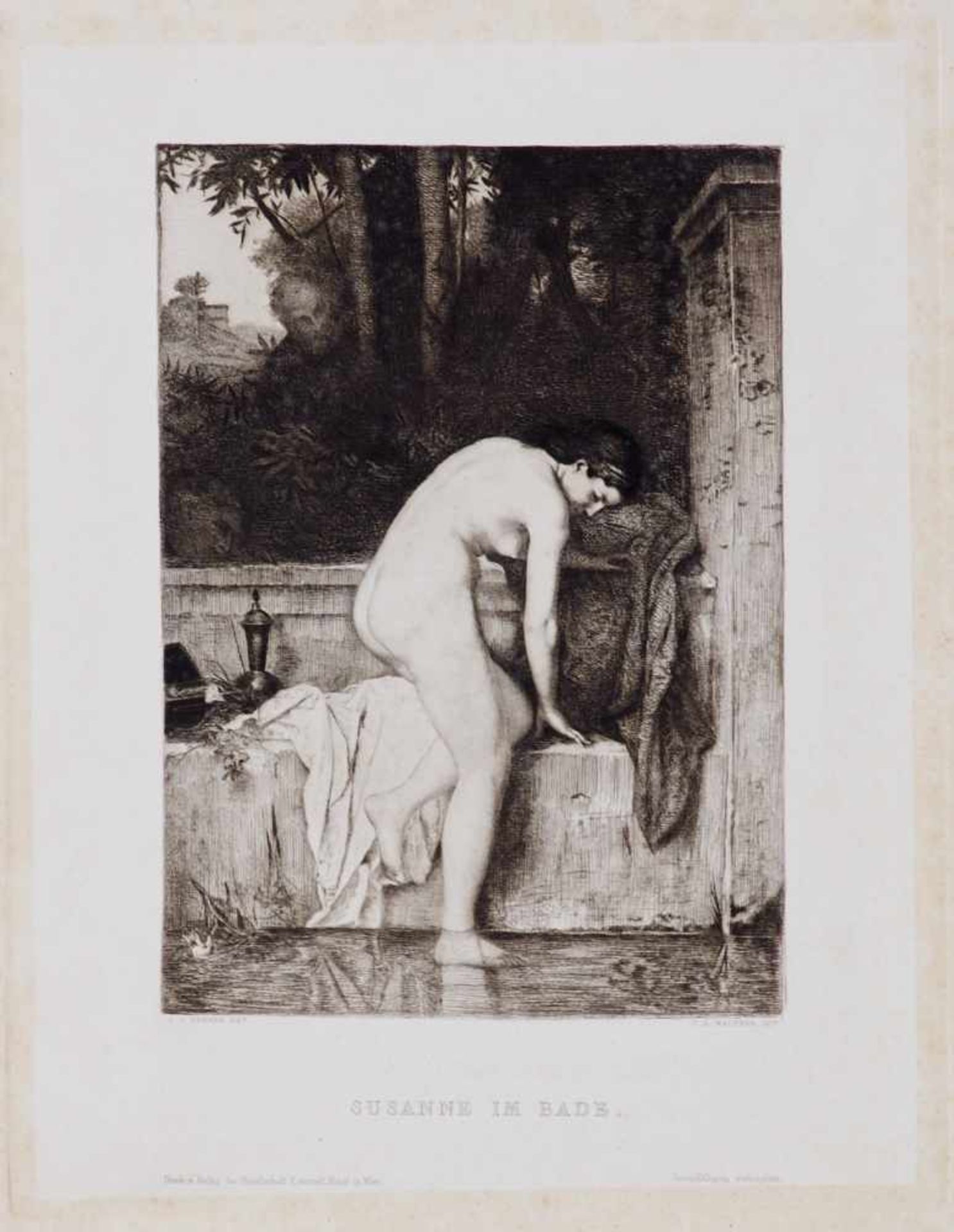 Erotik - "Ideale Landschaft" (Sechs nackte Frauen inantiker Landschaft beim Baden). Kupferstich - Bild 2 aus 4