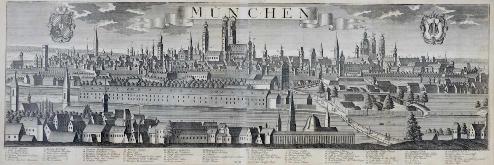 München - "München". Große Panoramaansicht von derIsarseite. Kupferstich (von 2 Platten) mit