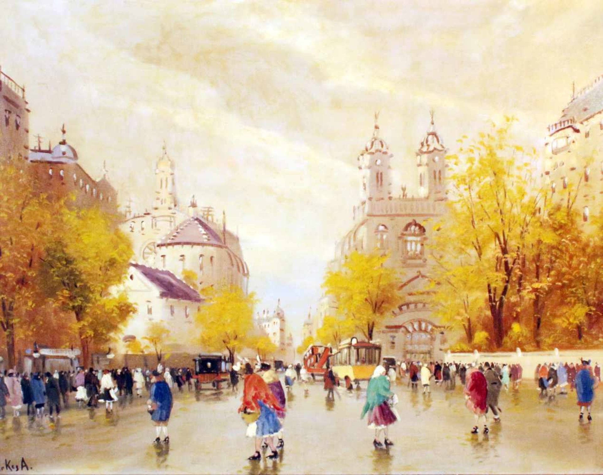 "Großstadt Promenade" - Antol Berkes (1874-1938) Öl auf Leinwand, unten links signiert, belebte