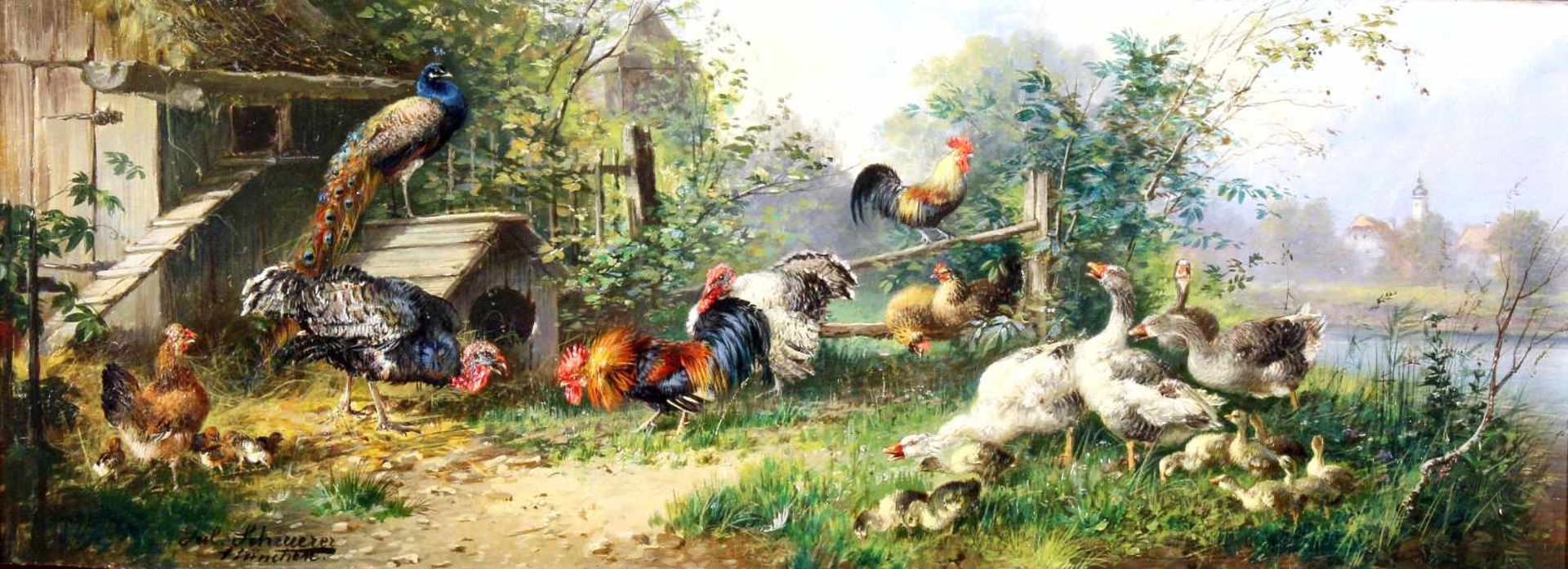 "Federvieh auf dem Bauernhof" - Julius Scheuerer (1859-1913) Öl auf Holz, unten links signiert und