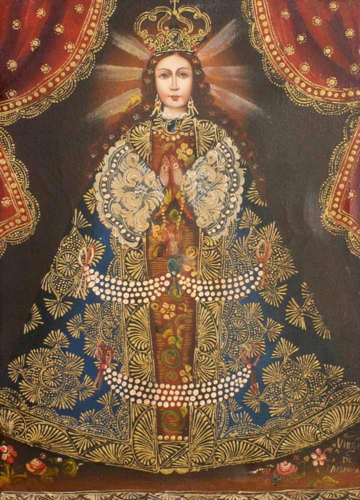 "Virgen de Amancaes" - Peruanische Volkskunst Öl auf Leinwand, unten links spanisch bez., im reich